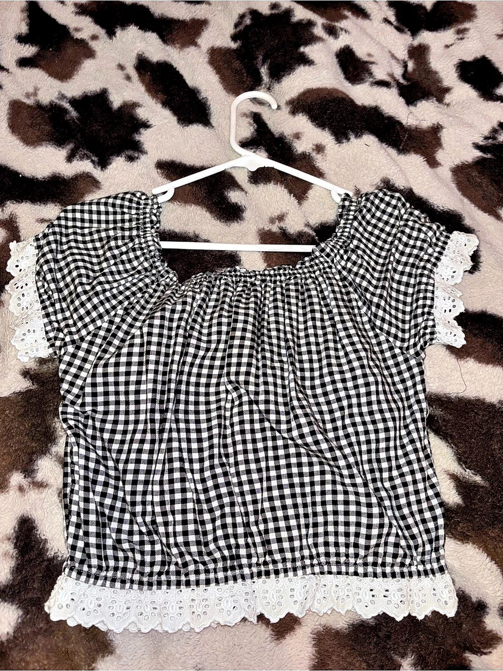 Hollister Gingham Lace Trim Blouse in Black & White